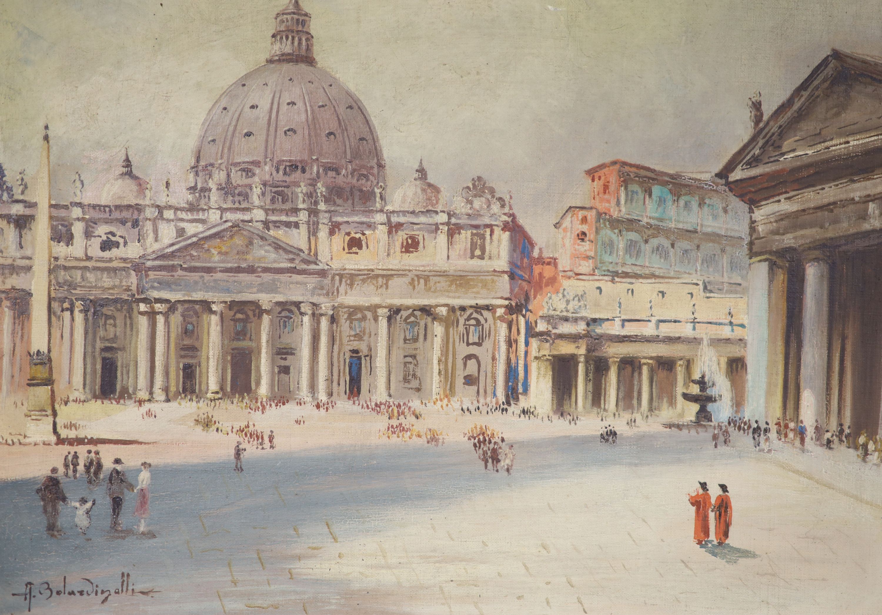 A. Belardinelli, oil on canvas board, St Peter's, Rome, signed, 39 x 49cm and an oil harbour scene by another hand